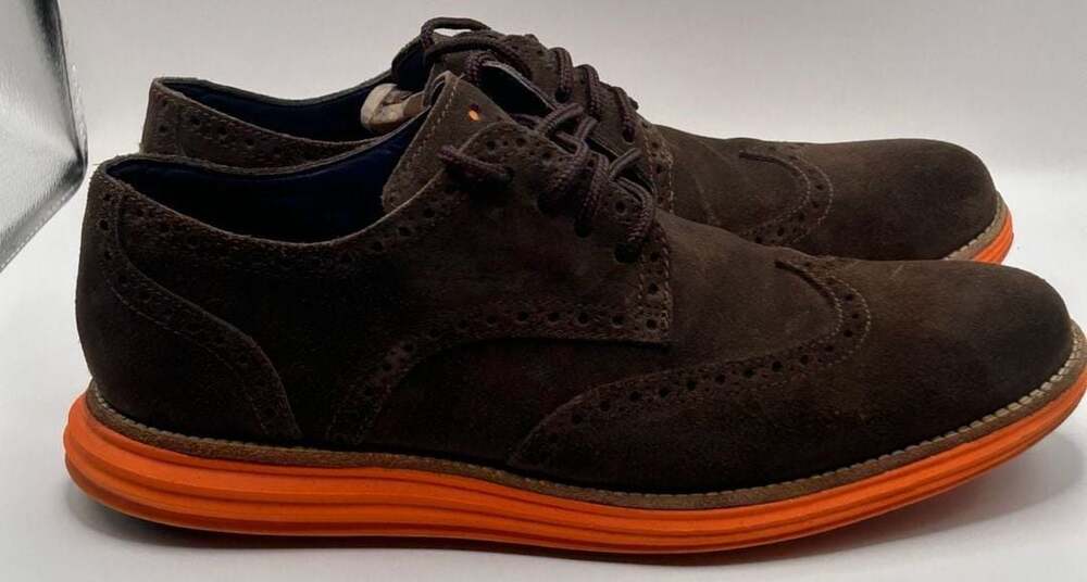 Cole Haan LunarGrand Suede Wingtip Oxford Shoes in Dark Brown and Orange - Picture 2 of 8